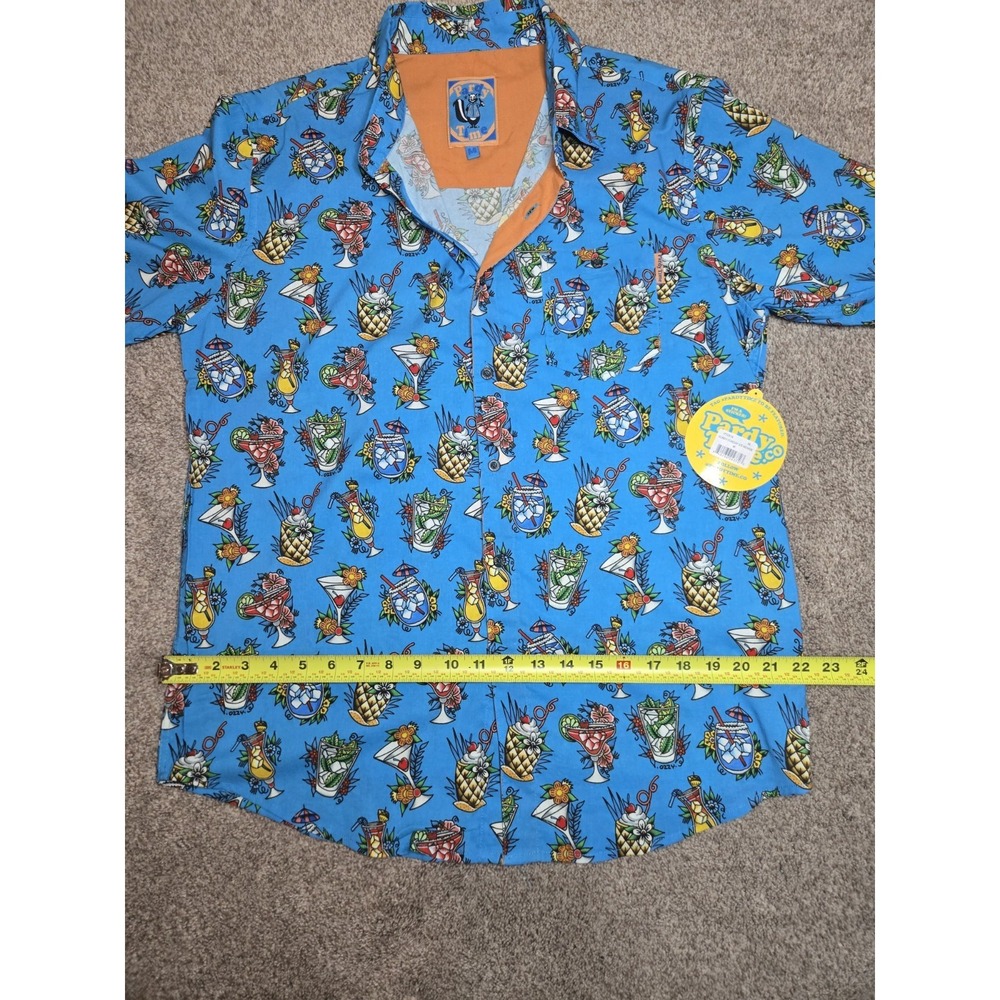 Pardy Time Sundy Funday Tropical Graphic Button-Up Shirt Blue Short Sleeve M - Picture 5 of 7